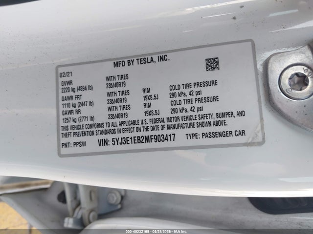 Aukcja sprzedaży 2021 Tesla Model 3 Long Range, vin: 5YJ3E1EB2MF903417, numer aukcji: 45232169