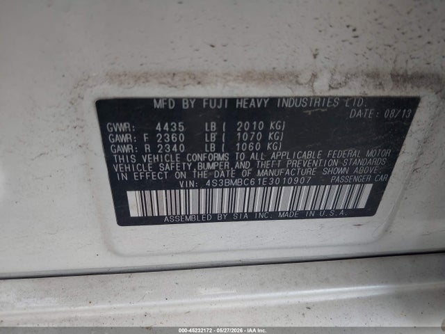 2014 Subaru Legacy 2.5i Premium მანქანა იყიდება აუქციონზე, vin: 4S3BMBC61E3010907, აუქციონის ნომერი: 45232172