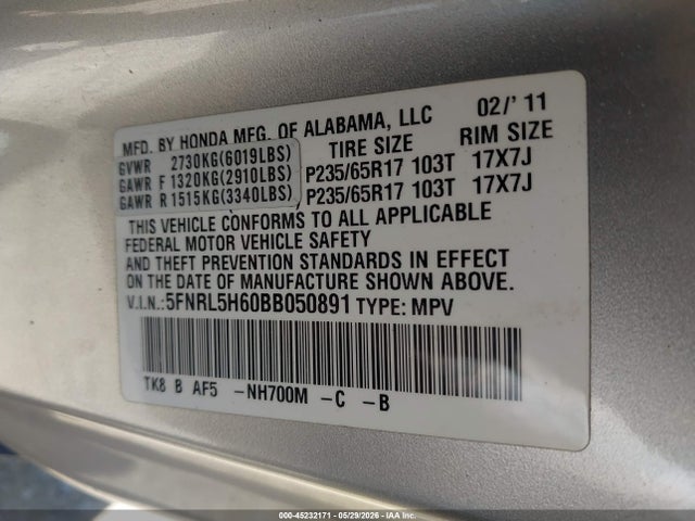 Aukcja sprzedaży 2011 Honda Odyssey Ex-l, vin: 5FNRL5H60BB050891, numer aukcji: 45232171
