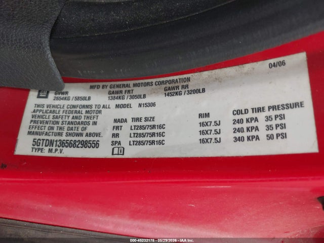45232178 :رقم المزاد ، 5GTDN136568298556 vin ، 2006 Hummer H3 Suv مزاد بيع