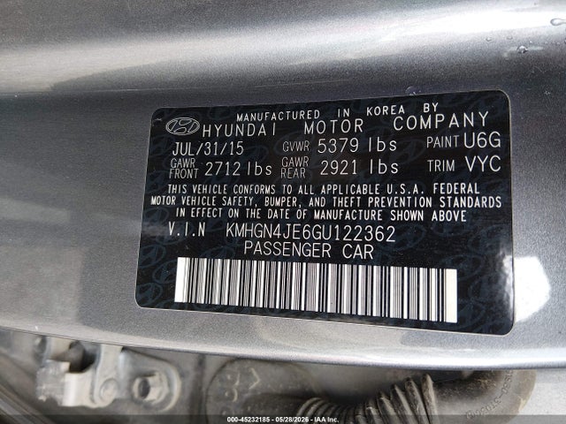 Aukcja sprzedaży 2016 Hyundai Genesis 3.8, vin: KMHGN4JE6GU122362, numer aukcji: 45232185