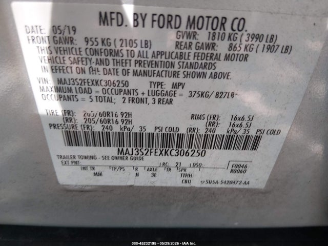 Aukcja sprzedaży 2019 Ford Ecosport S, vin: MAJ3S2FEXKC306250, numer aukcji: 45232195