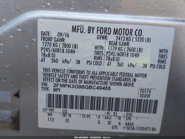 Aukcja sprzedaży 2016 Ford Edge Se, vin: 2FMPK3G98GBC49455, numer aukcji: 45232203