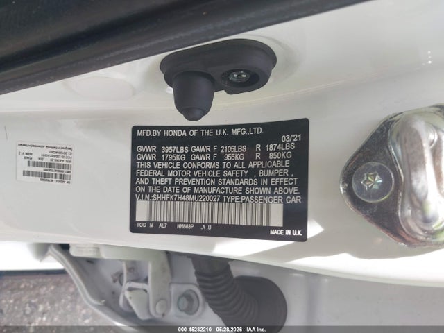2021 Honda Civic Sport მანქანა იყიდება აუქციონზე, vin: SHHFK7H48MU220027, აუქციონის ნომერი: 45232210
