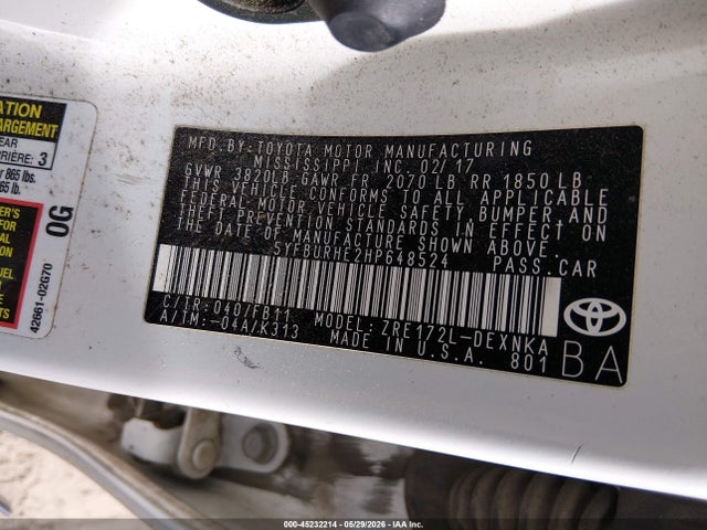 Aukcja sprzedaży 2017 Toyota Corolla Le, vin: 5YFBURHE2HP648524, numer aukcji: 45232214