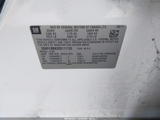 45232221 :رقم المزاد ، 2GKFLREK2C6111133 vin ، 2012 Gmc Terrain Sle-1 مزاد بيع