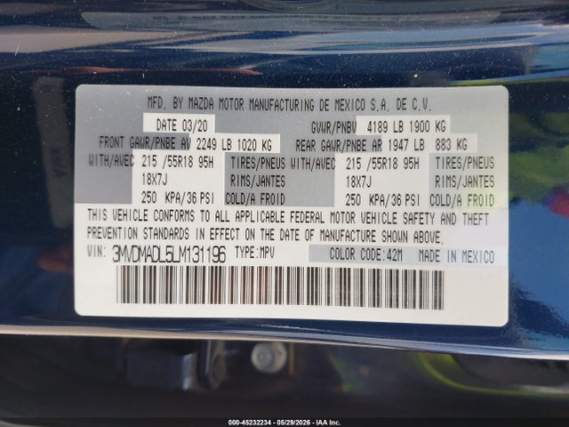 45232234 :رقم المزاد ، 3MVDMADL5LM131196 vin ، 2020 Mazda Cx-30 Preferred Package مزاد بيع