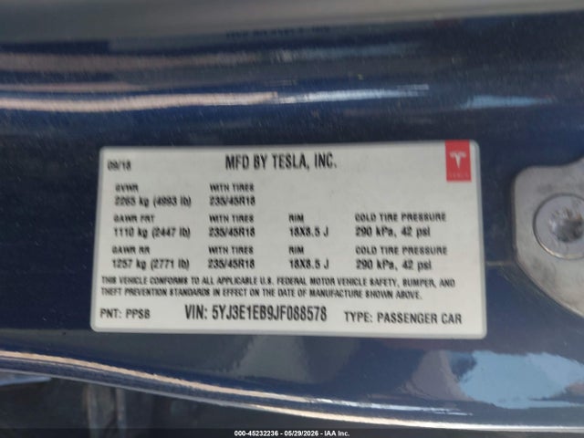 Tesla Model 3 Long Range/performance 2018 5YJ3E1EB9JF088578 Image 9