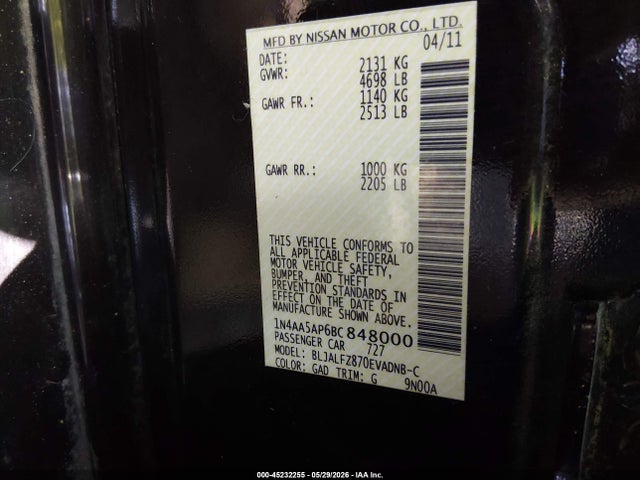 45232255 :رقم المزاد ، 1N4AA5AP6BC848000 vin ، 2011 Nissan Maxima 3.5 Sv مزاد بيع