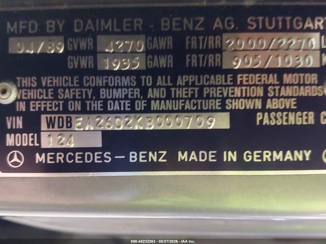 Продажа на аукционе авто 1989 Mercedes-benz 260 E, vin: WDBEA26D2KB000709, номер лота: 45232263