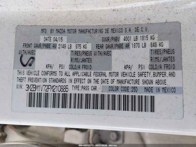 Aukcja sprzedaży 2015 Mazda Mazda3 I Touring, vin: 3MZBM1V72FM210885, numer aukcji: 45232273