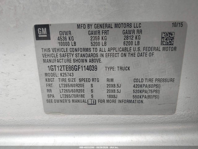 Auction sale of the 2016 Gmc Sierra 2500hd Slt, vin: 1GT12TE86GF114039, lot number: 45232280