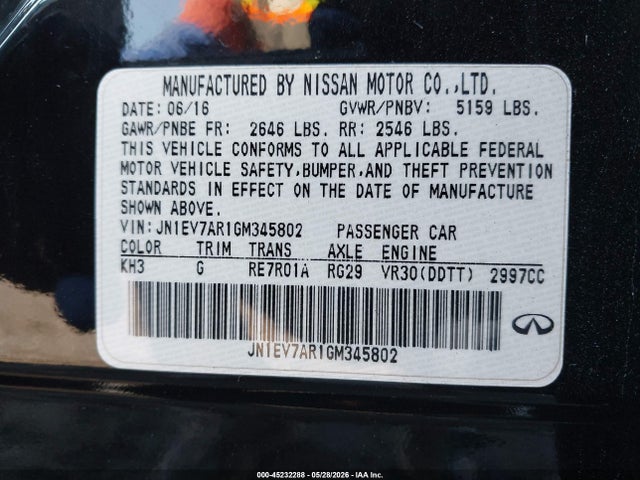 45232288 :رقم المزاد ، JN1EV7AR1GM345802 vin ، 2016 Infiniti Q50 3.0t Premium مزاد بيع