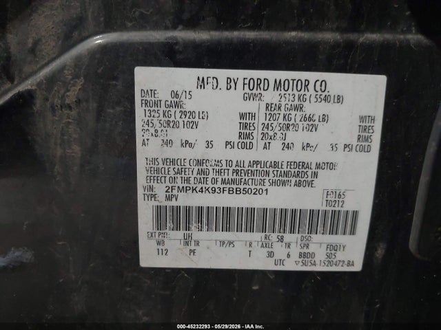 45232293 :رقم المزاد ، 2FMPK4K93FBB50201 vin ، 2015 Ford Edge Titanium مزاد بيع