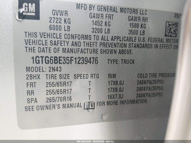 Aukcja sprzedaży 2015 Gmc Canyon Sle, vin: 1GTG6BE35F1239476, numer aukcji: 45232304