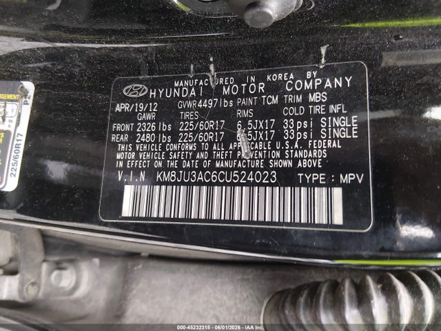 Aukcja sprzedaży 2012 Hyundai Tucson Gls, vin: KM8JU3AC6CU524023, numer aukcji: 45232315