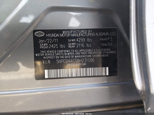 Aukcja sprzedaży 2011 Hyundai Sonata Gls, vin: 5NPEB4AC0BH231096, numer aukcji: 45232328