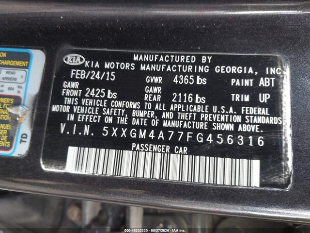 2015 Kia Optima Lx მანქანა იყიდება აუქციონზე, vin: 5XXGM4A77FG456316, აუქციონის ნომერი: 45232330