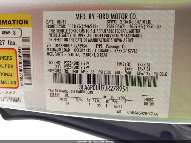 3FA6P0UU7JR278954 Ford Fusion Hybrid S