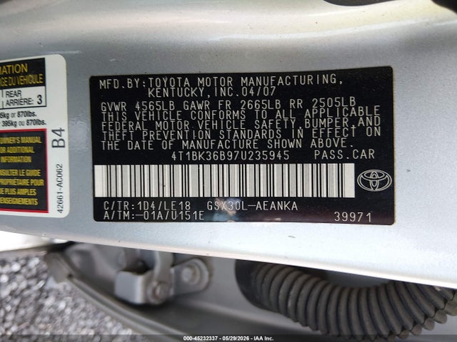 Продаж на аукціоні авто 2007 Toyota Avalon Touring, vin: 4T1BK36B97U235945, номер лоту: 45232337