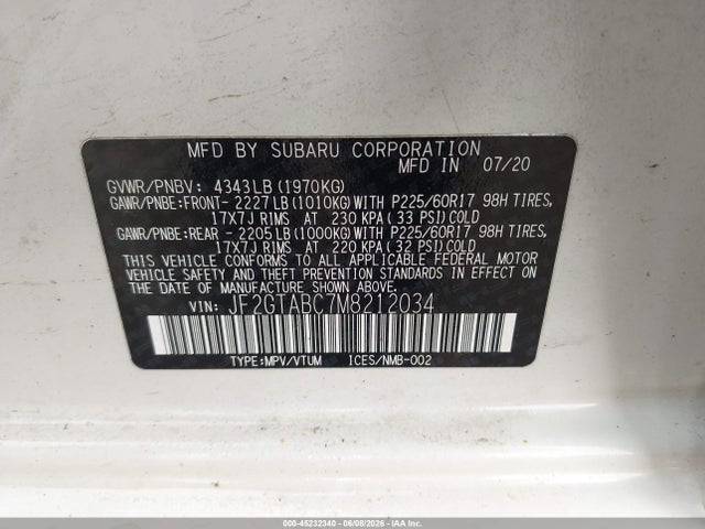 2021 Subaru Crosstrek მანქანა იყიდება აუქციონზე, vin: JF2GTABC7M8212034, აუქციონის ნომერი: 45232340