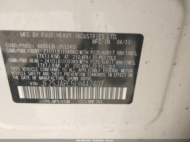 Auction sale of the 2014 Subaru Forester 2.5i Touring, vin: JF2SJAPC5EH442407, lot number: 45232345