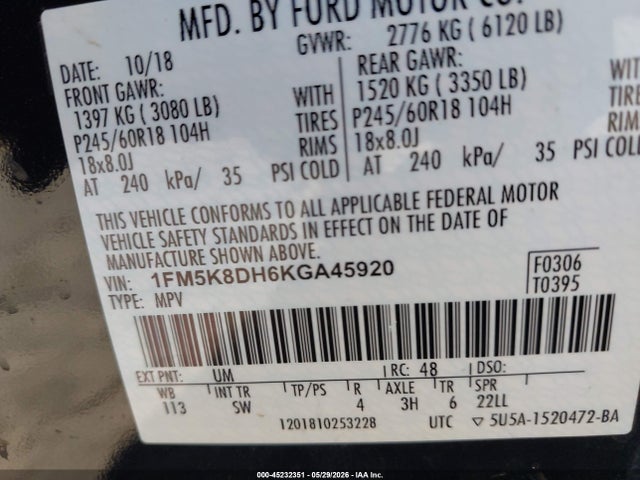 2019 Ford Explorer Xlt მანქანა იყიდება აუქციონზე, vin: 1FM5K8DH6KGA45920, აუქციონის ნომერი: 45232351