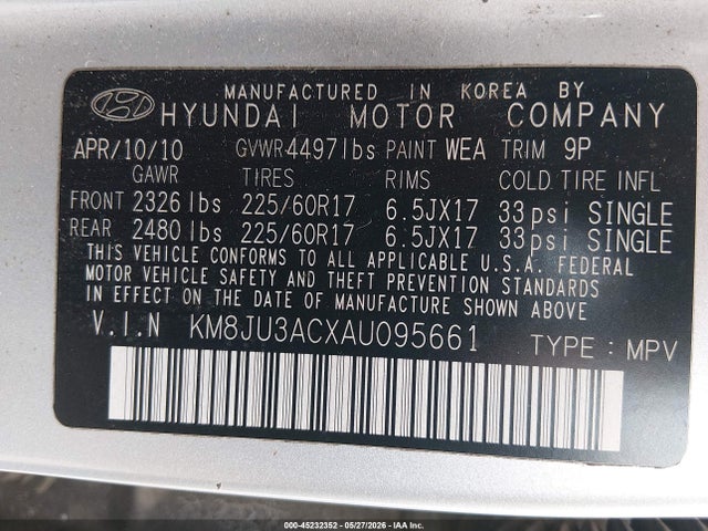 45232352 :رقم المزاد ، KM8JU3ACXAU095661 vin ، 2010 Hyundai Tucson Gls مزاد بيع