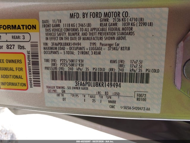Aukcja sprzedaży 2019 Ford Fusion Hybrid Se, vin: 3FA6P0LU8KR149494, numer aukcji: 45232357