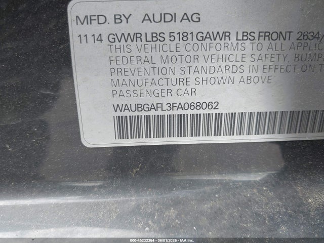 45232364 :رقم المزاد ، WAUBGAFL3FA068062 vin ، 2015 Audi S4 3.0t Premium Plus مزاد بيع
