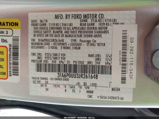 Aukcja sprzedaży 2018 Ford Fusion Hybrid S, vin: 3FA6P0UU3JR261648, numer aukcji: 45232377