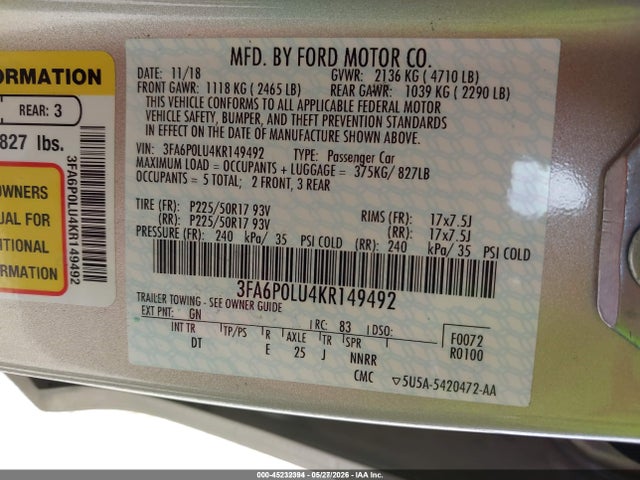 Aukcja sprzedaży 2019 Ford Fusion Hybrid Se, vin: 3FA6P0LU4KR149492, numer aukcji: 45232394