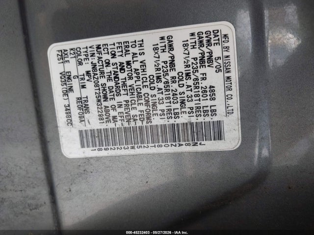Aukcja sprzedaży 2005 Nissan Murano Sl, vin: JN8AZ08T25W322981, numer aukcji: 45232403