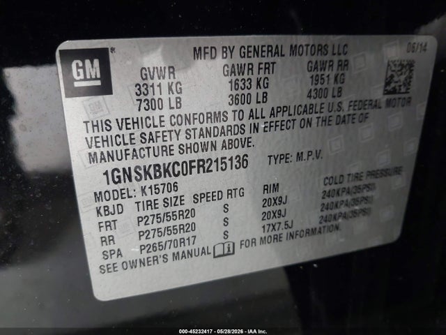 Продаж на аукціоні авто 2015 Chevrolet Tahoe Lt, vin: 1GNSKBKC0FR215136, номер лоту: 45232417