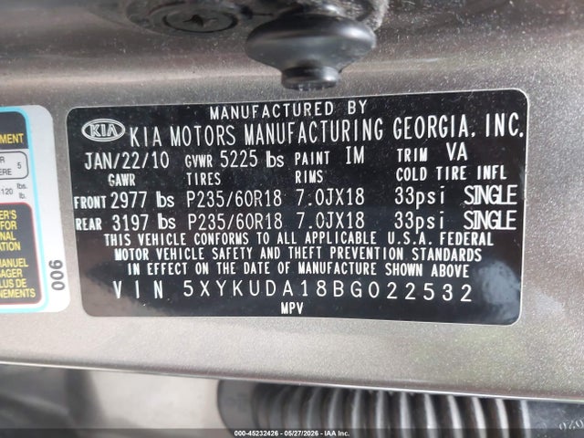 2011 Kia Sorento Ex მანქანა იყიდება აუქციონზე, vin: 5XYKUDA18BG022532, აუქციონის ნომერი: 45232426
