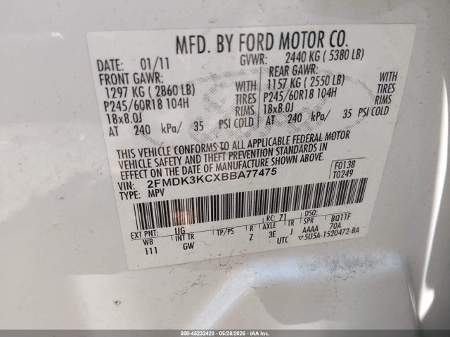 2011 Ford Edge Limited მანქანა იყიდება აუქციონზე, vin: 2FMDK3KCXBBA77475, აუქციონის ნომერი: 45232428