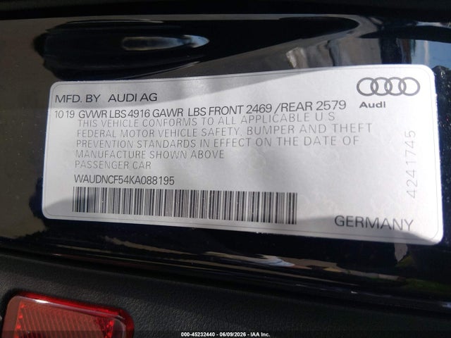 45232440 :رقم المزاد ، WAUDNCF54KA088195 vin ، 2019 Audi A5 45 Premium مزاد بيع