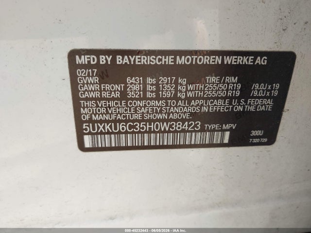 45232443 :رقم المزاد ، 5UXKU6C35H0W38423 vin ، 2017 Bmw X6 Xdrive50i مزاد بيع