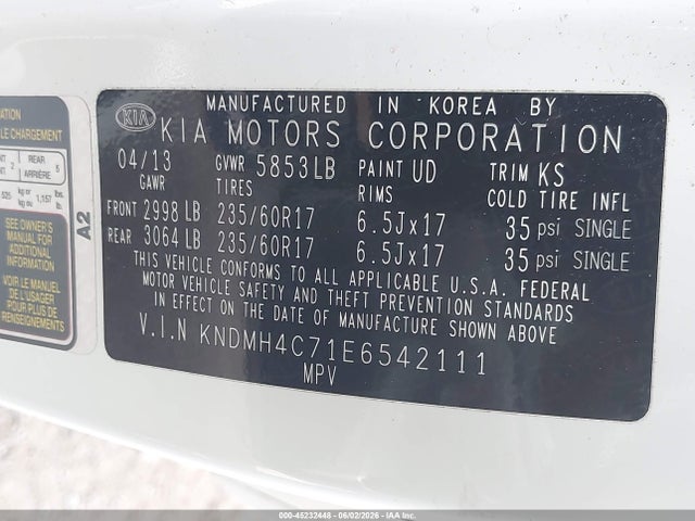 45232448 :رقم المزاد ، KNDMH4C71E6542111 vin ، 2014 Kia Sedona Ex مزاد بيع