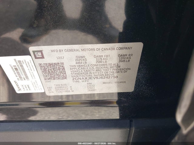 Aukcja sprzedaży 2018 Chevrolet Equinox Lt, vin: 2GNAXJEV9J6242750, numer aukcji: 45232451