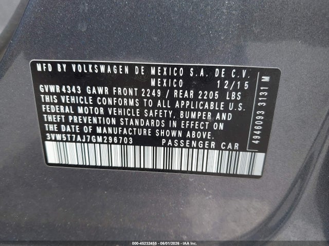 45232455 :رقم المزاد ، 3VW5T7AJ7GM296703 vin ، 2016 Volkswagen Jetta 2.0t Gli Se مزاد بيع