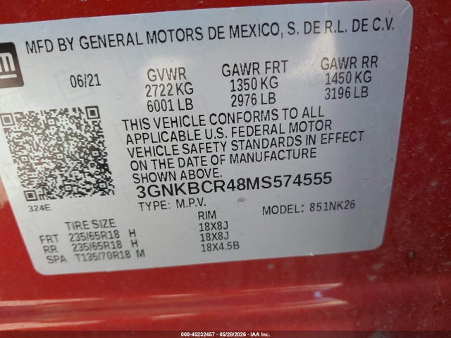 45232457 :رقم المزاد ، 3GNKBCR48MS574555 vin ، 2021 Chevrolet Blazer Fwd 2lt مزاد بيع