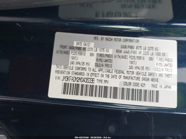45232460 :رقم المزاد ، JM3KFADM2M0406336 vin ، 2021 Mazda Cx-5 Grand Touring مزاد بيع