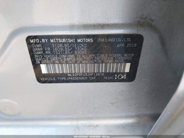 Продаж на аукціоні авто 2018 Mitsubishi Mirage G4 Es, vin: ML32F3FJ3JHF13874, номер лоту: 45232463