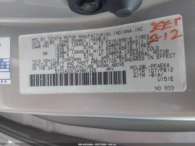 45232464 :رقم المزاد ، 5TDZA23C34S081326 vin ، 2004 Toyota Sienna Le مزاد بيع