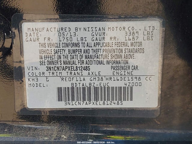 Aukcja sprzedaży 2014 Nissan Versa 1.6 Sv, vin: 3N1CN7APXEL812485, numer aukcji: 45232480