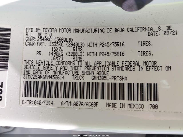 Aukcja sprzedaży 2021 Toyota Tacoma Sr V6, vin: 3TMCZ5AN6MM452614, numer aukcji: 45232496
