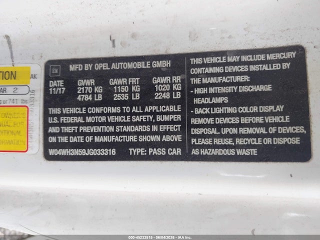 Aukcja sprzedaży 2018 Buick Cascada Premium, vin: W04WH3N59JG033316, numer aukcji: 45232515