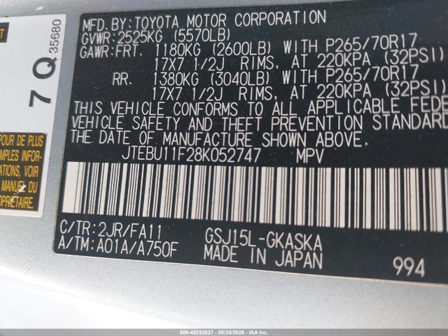 Продажа на аукционе авто 2008 Toyota Fj Cruiser, vin: JTEBU11F28K052747, номер лота: 45232537
