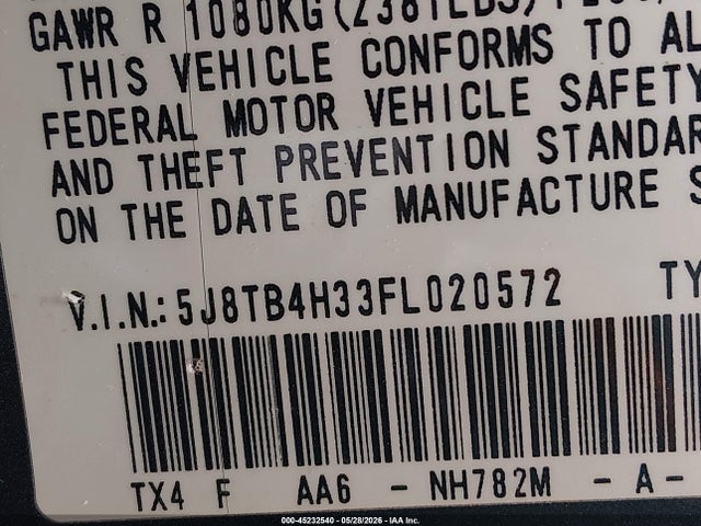 45232540 :رقم المزاد ، 5J8TB4H33FL020572 vin ، 2015 Acura Rdx مزاد بيع